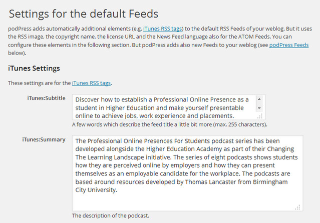 Some information about the podcast series set up for the iTunes feed in podPress