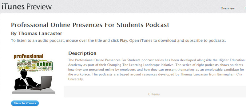 iTunes previous page for Professional Online Presences podcasts